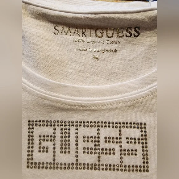 NEW Guess White Embellished Short Sleeve Tee Size M - Picture 2 of 9
